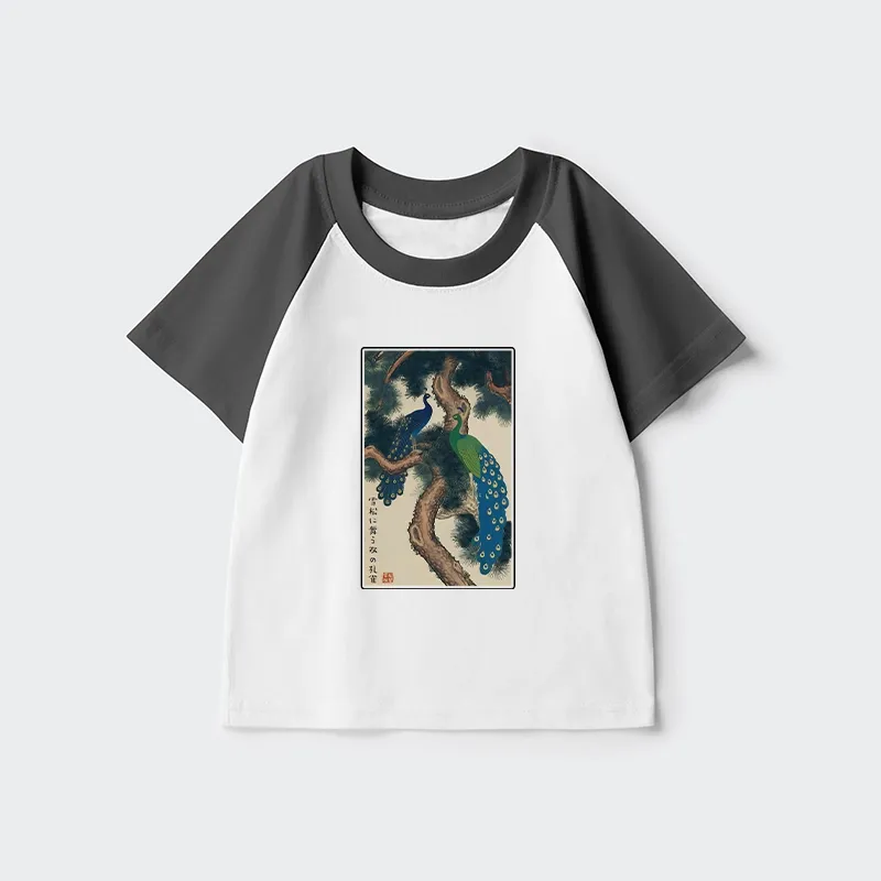 Tokyo-Tiger Peacocks in Snowy Pines Kids Raglan T-shirt