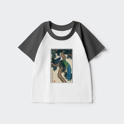 Tokyo-Tiger Peacocks in Snowy Pines Kids Raglan T-shirt