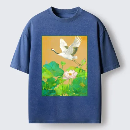 Tokyo-Tiger Crane Flying Over Lotus Art Washed T-Shirt