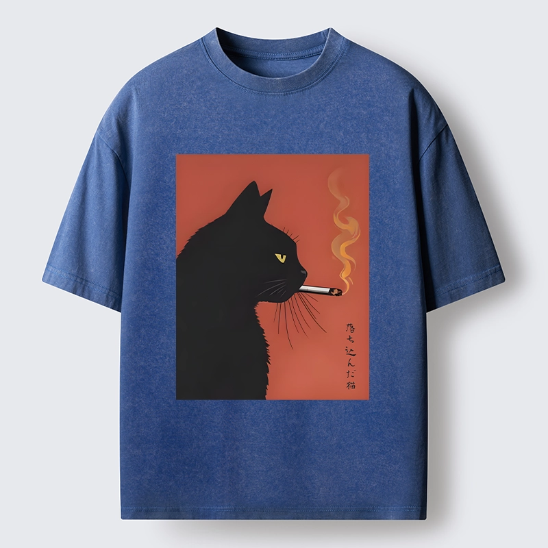 Tokyo-Tiger Black Cat With Cigarette Washed T-Shirt