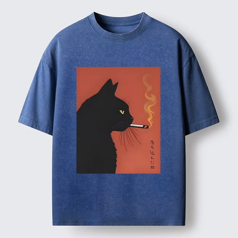 Tokyo-Tiger Black Cat With Cigarette Washed T-Shirt