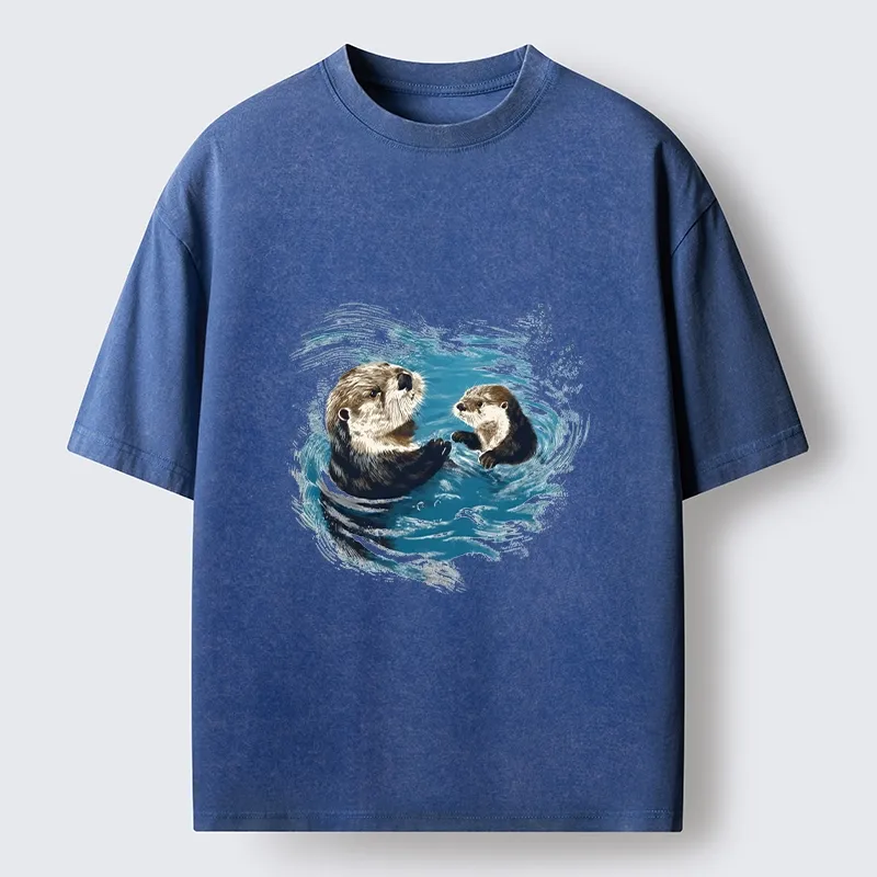 Tokyo-Tiger Meme Cute Otter Pair In Water Washed T-Shirt
