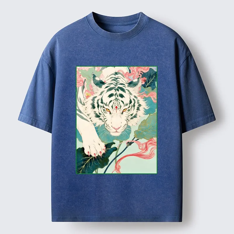 Tokyo-Tiger Oriental White Tiger Art Washed T-Shirt