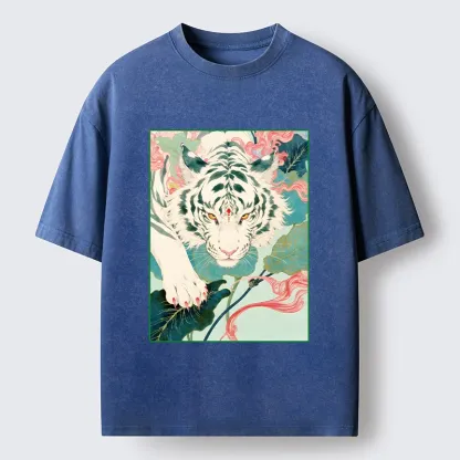 Tokyo-Tiger Oriental White Tiger Art Washed T-Shirt