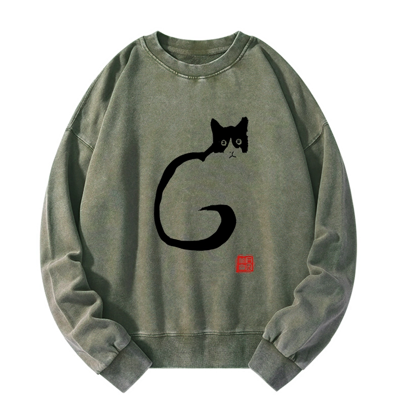 Tokyo-Tiger Calm Cat In Simple Lines Washed Sweatshirt