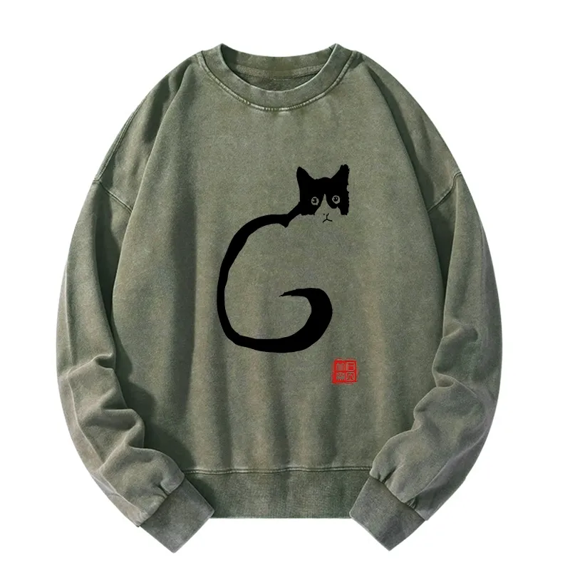 Tokyo-Tiger Calm Cat In Simple Lines Washed Sweatshirt