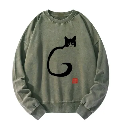 Tokyo-Tiger Calm Cat In Simple Lines Washed Sweatshirt
