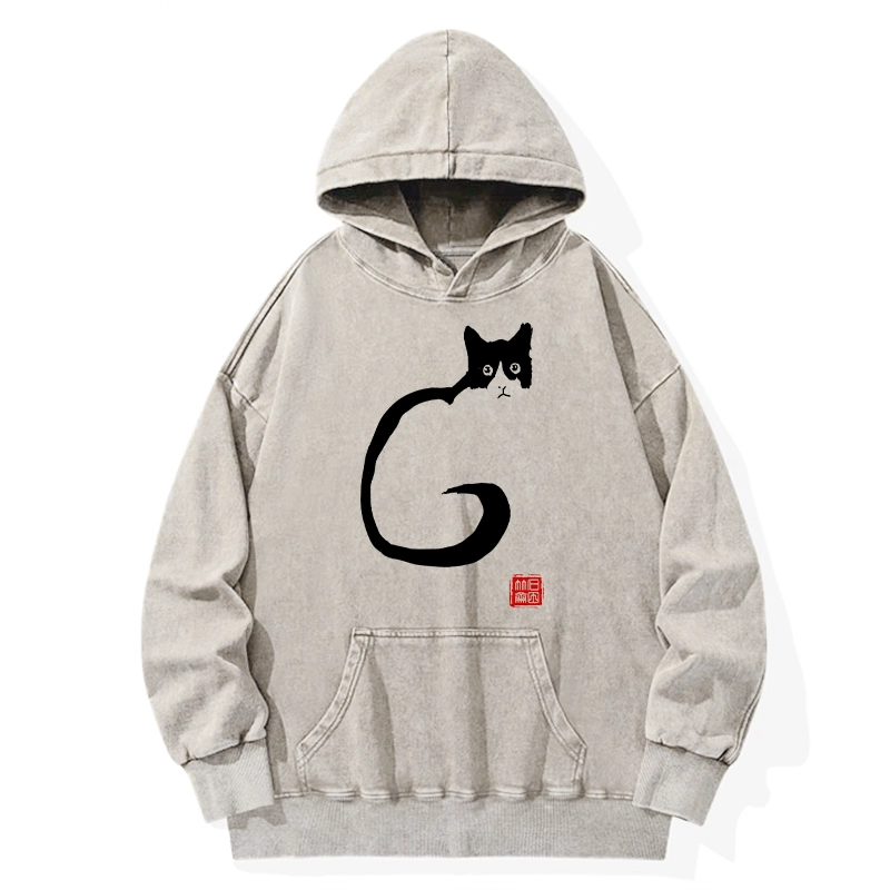 Tokyo-Tiger Calm Cat In Simple Lines Washed Hoodie