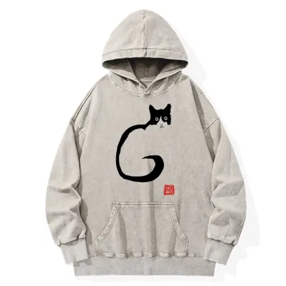 Tokyo-Tiger Calm Cat In Simple Lines Washed Hoodie