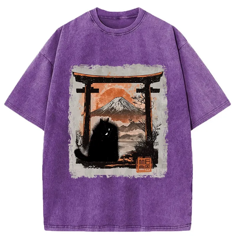 Tokyo-Tiger Mt. Fuji Guardian Cat Washed T-Shirt