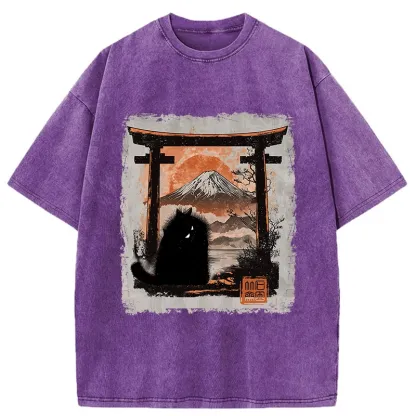 Tokyo-Tiger Mt. Fuji Guardian Cat Washed T-Shirt