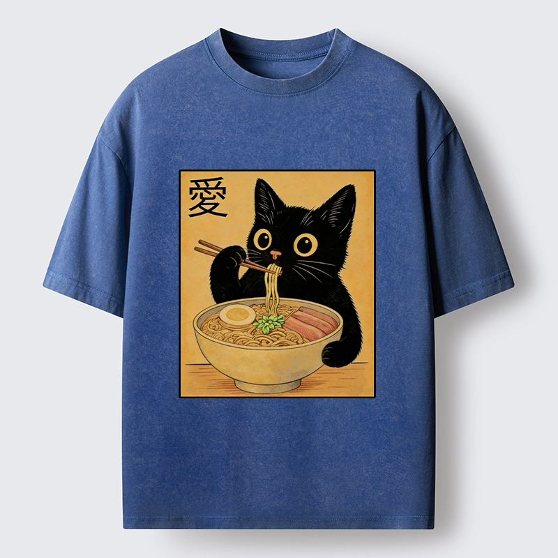 Tokyo-Tiger Cute Cat Eating Ramen Meme Washed T-Shirt