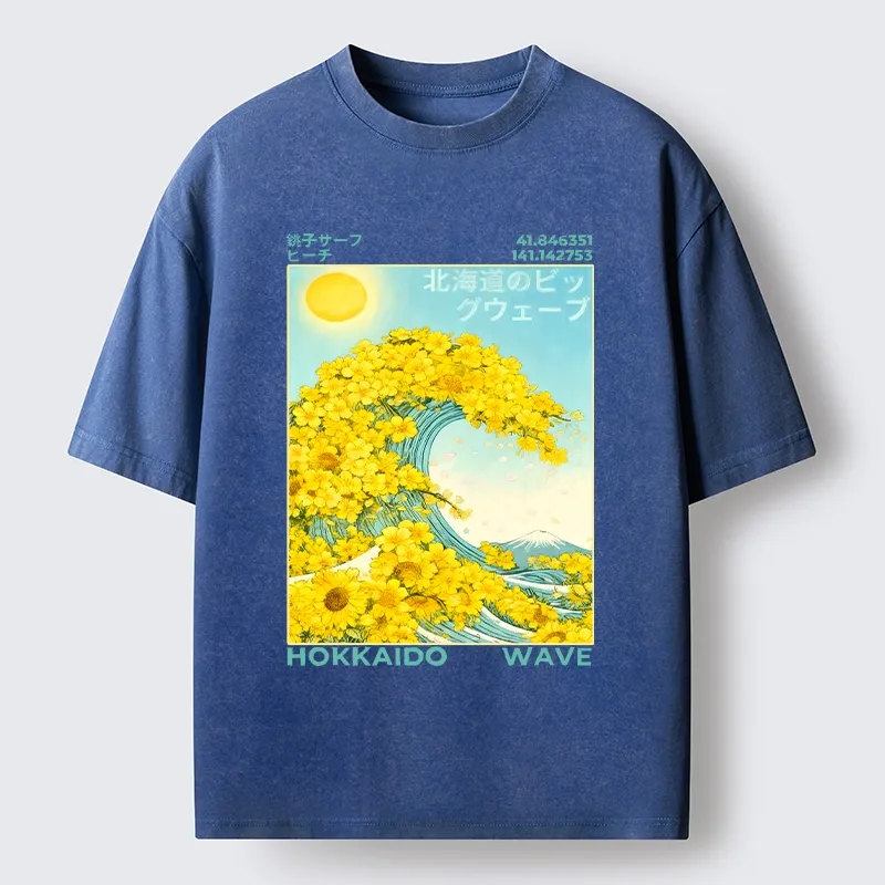 Tokyo-Tiger Sunny Yellow Flower Wave Art Washed T-Shirt