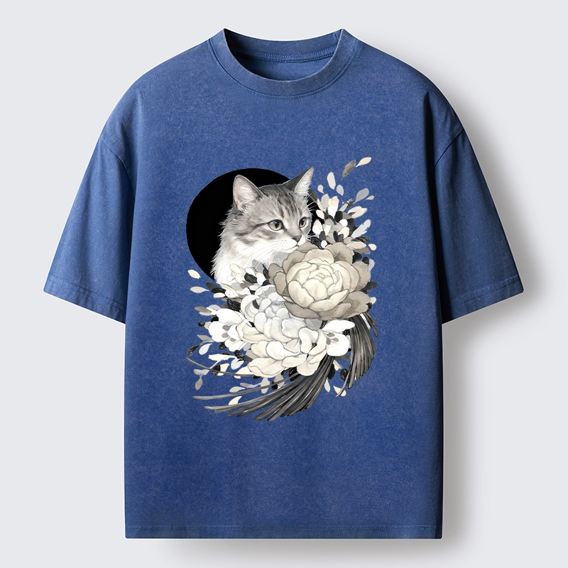 Tokyo-Tiger Graceful Cat In Floral Bouquet Washed T-Shirt