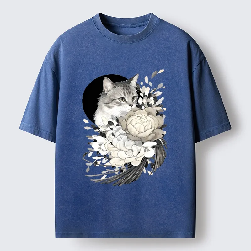 Tokyo-Tiger Graceful Cat In Floral Bouquet Washed T-Shirt