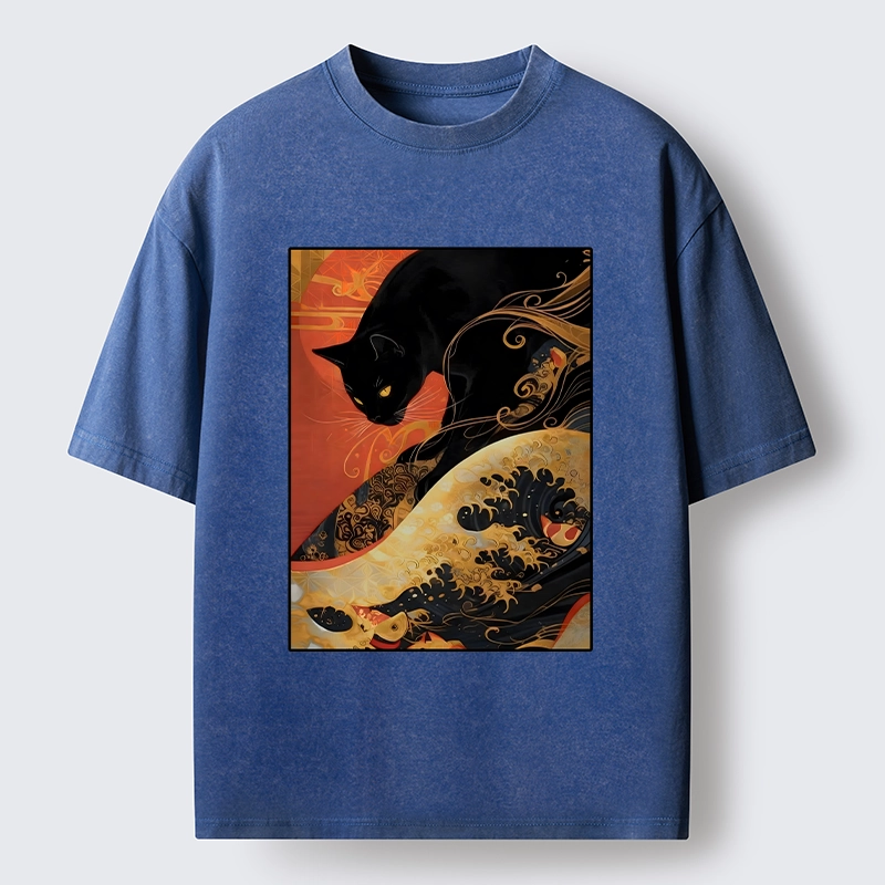 Tokyo-Tiger Japanese Style Black Cat Washed T-Shirt