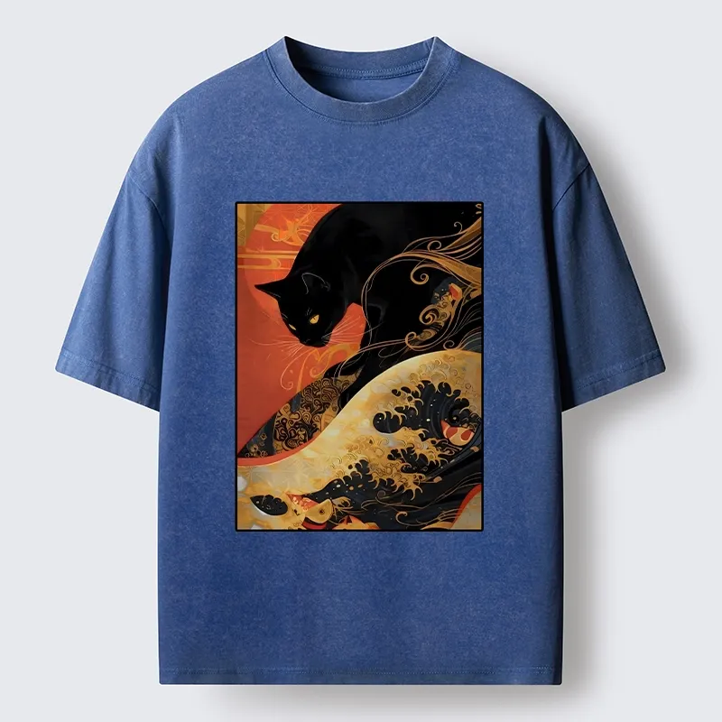 Tokyo-Tiger Japanese Style Black Cat Washed T-Shirt