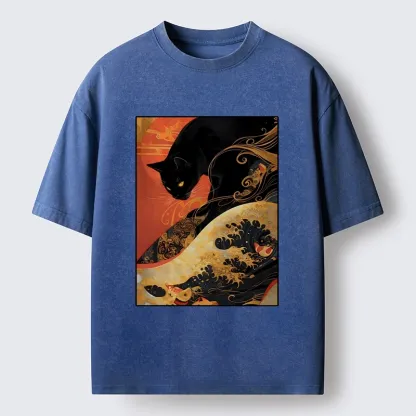 Tokyo-Tiger Japanese Style Black Cat Washed T-Shirt