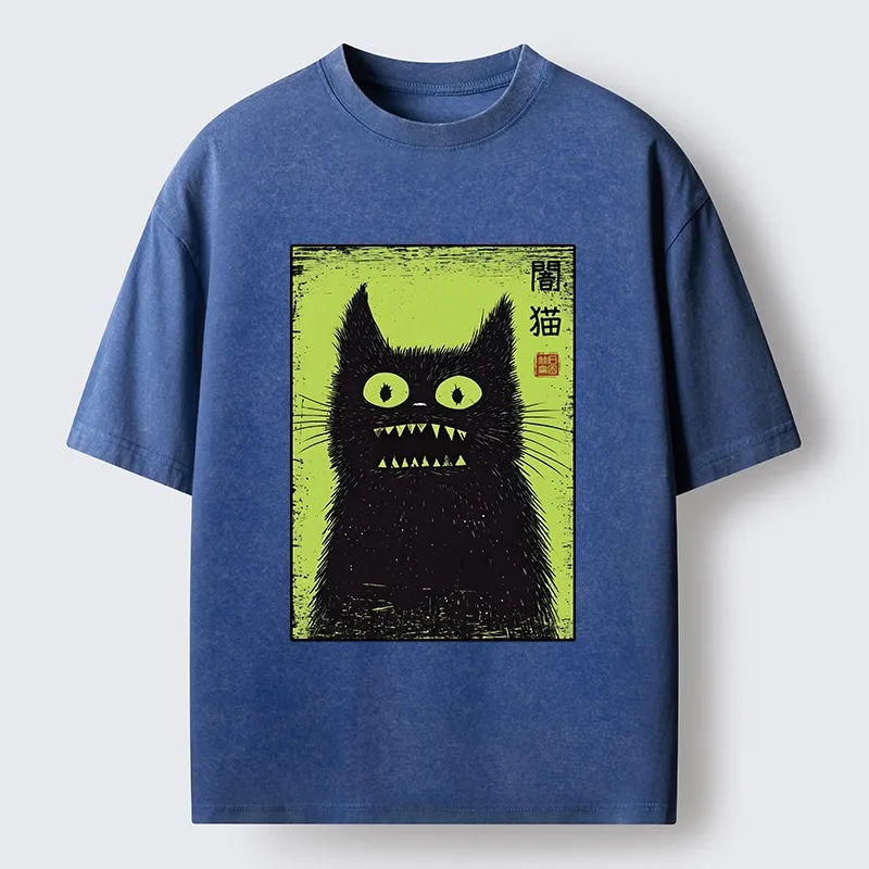Tokyo-Tiger Spooky Black Cat Japanese Washed T-Shirt