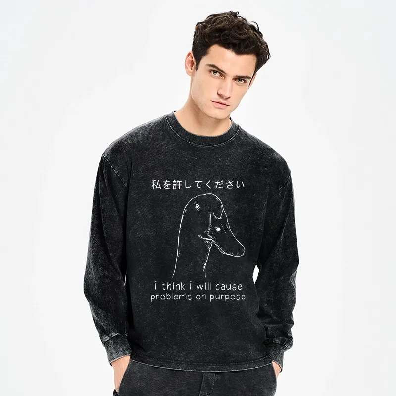 Tokyo-Tiger Stupid Goose Funny Washed Long Sleeve T-Shirt