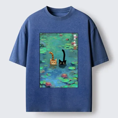 Tokyo-Tiger Funny Cats Swimming In Lilies Washed T-Shirt