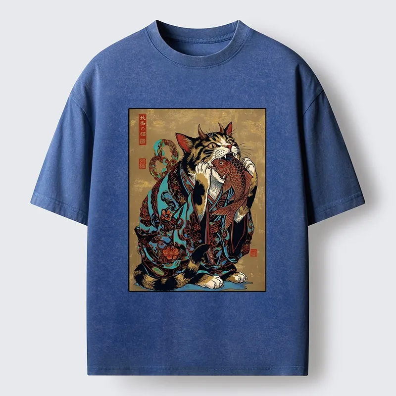 Tokyo-Tiger Samurai Cat Eating Fish Washed T-Shirt