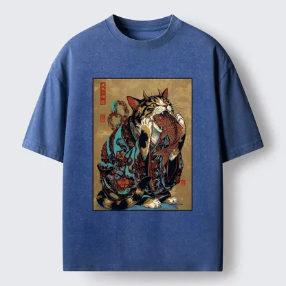 Tokyo-Tiger Samurai Cat Eating Fish Washed T-Shirt