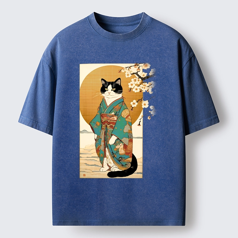 Tokyo-Tiger Elegant Cat In Traditional Kimono Washed T-Shirt
