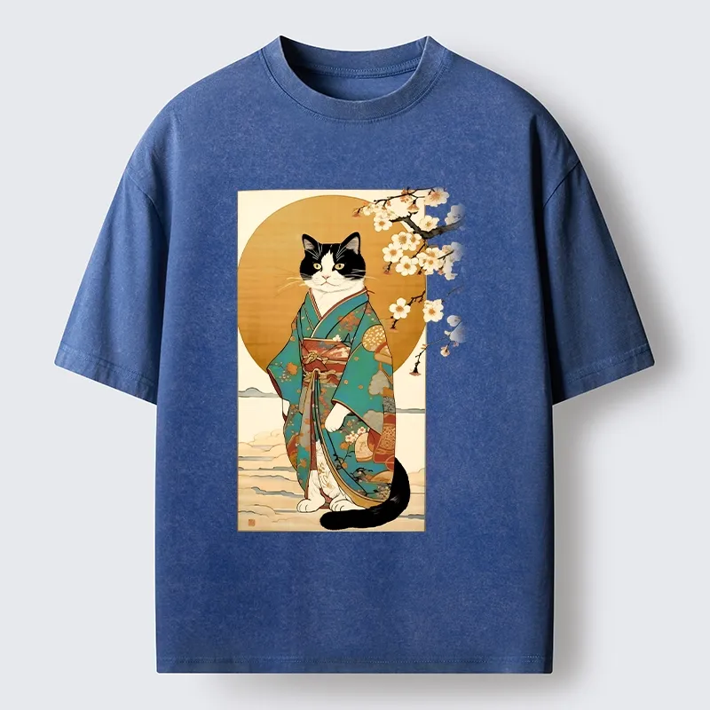Tokyo-Tiger Elegant Cat In Traditional Kimono Washed T-Shirt