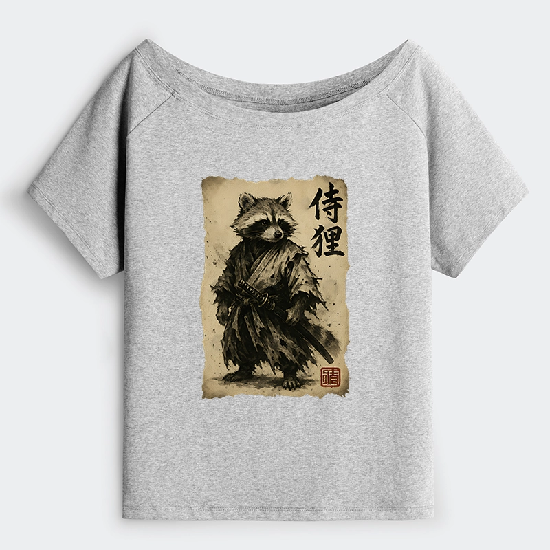 Tokyo-Tiger Retro Raccoon Samurai Off Shoulder T-Shirt