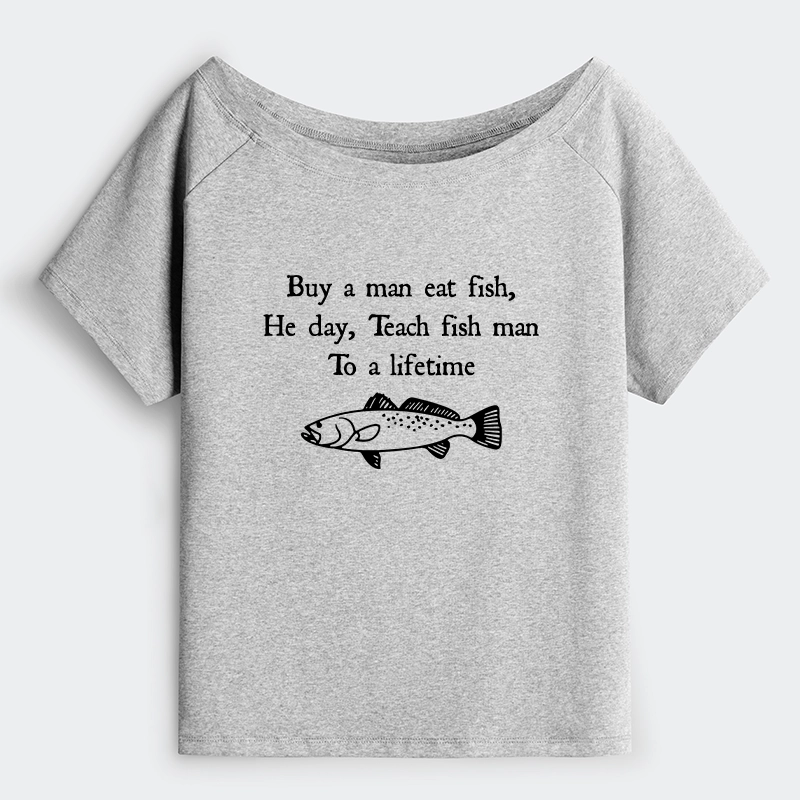 Tokyo-Tiger Man Eat Fish Meme Off Shoulder T-Shirt