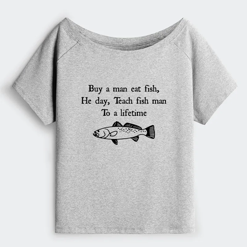 Tokyo-Tiger Man Eat Fish Meme Off Shoulder T-Shirt