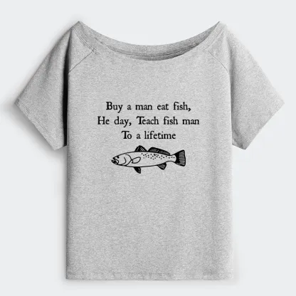 Tokyo-Tiger Man Eat Fish Meme Off Shoulder T-Shirt