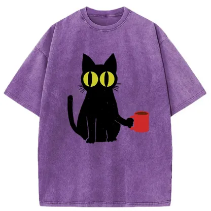 Tokyo-Tiger Cat Holding Coffee Washed T-Shirt