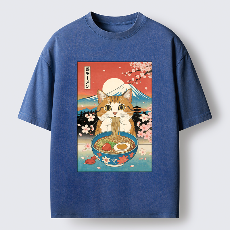 Tokyo-Tiger Orange Cat Eating Ramen Washed T-Shirt