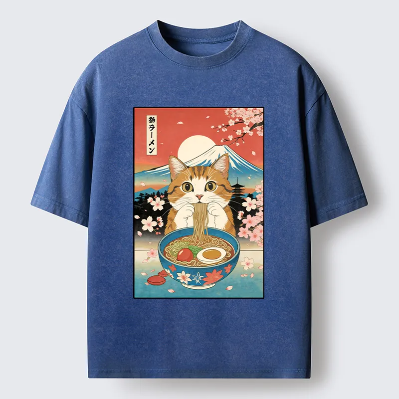 Tokyo-Tiger Orange Cat Eating Ramen Washed T-Shirt