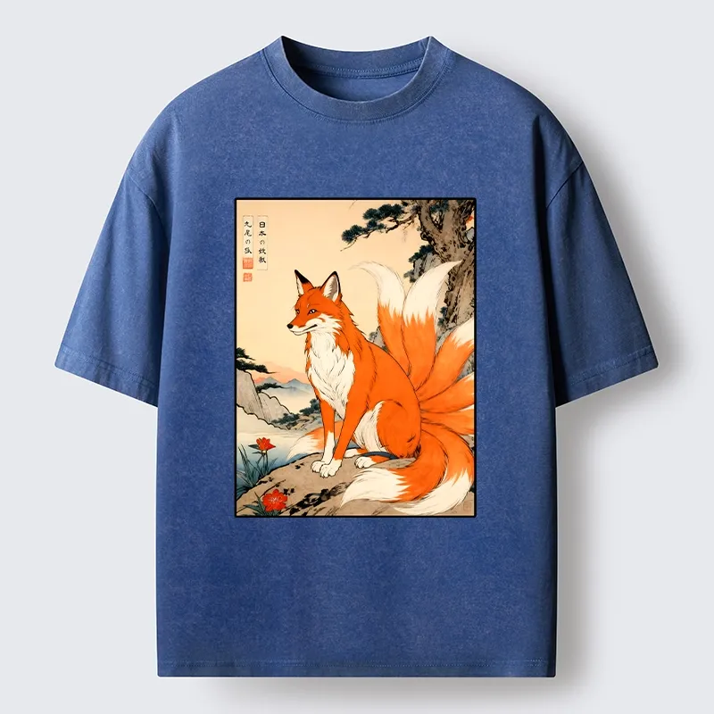 Tokyo-Tiger Mystical Nine Tails Fox Washed T-Shirt