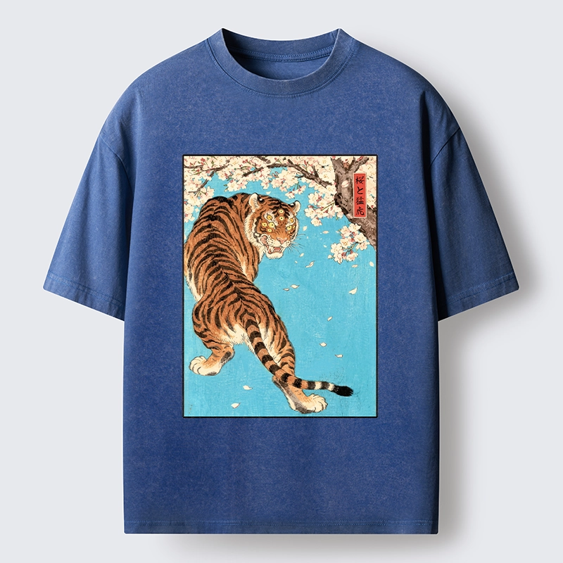 Tokyo-Tiger Fierce Tiger And Sakura Petals Washed T-Shirt