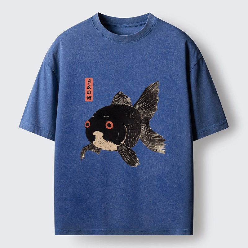 Tokyo-Tiger Japanese Black Goldfish Art Washed T-Shirt