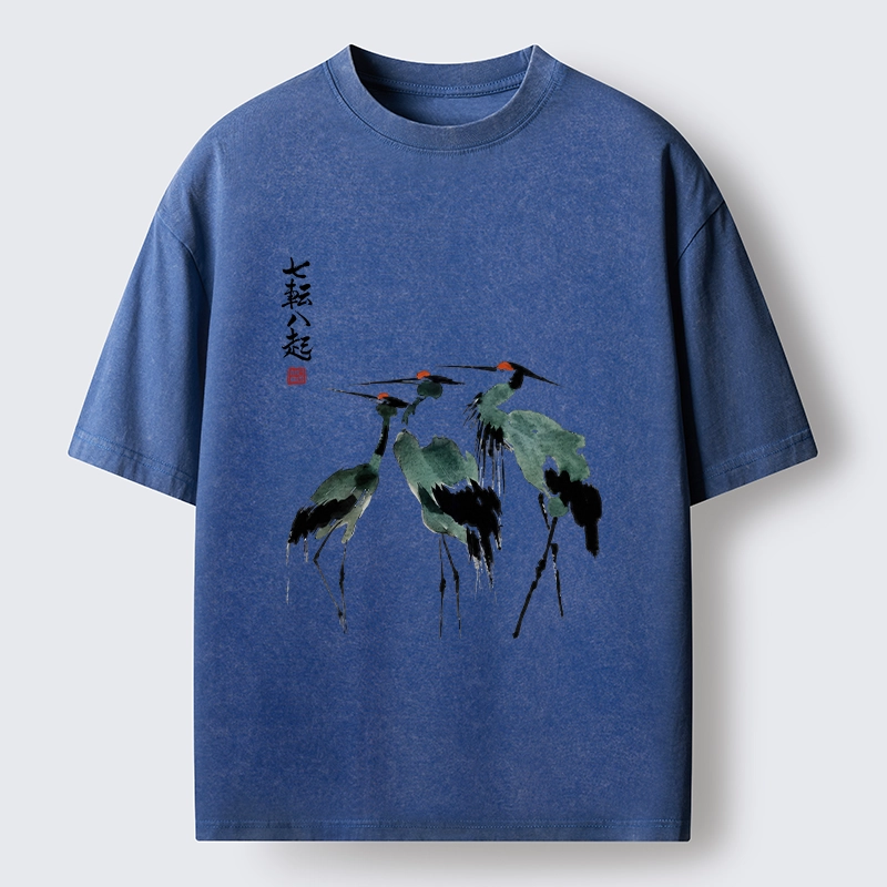 Tokyo-Tiger Spirited Up Cranes Ink Painting Washed T-Shirt
