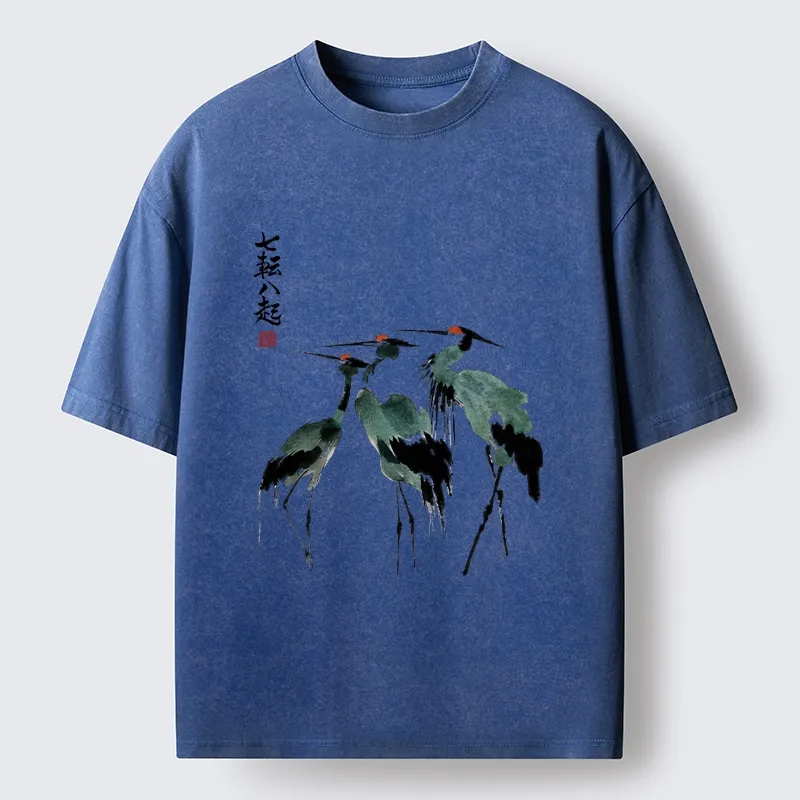 Tokyo-Tiger Spirited Up Cranes Ink Painting Washed T-Shirt