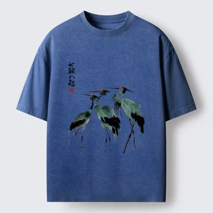 Tokyo-Tiger Spirited Up Cranes Ink Painting Washed T-Shirt