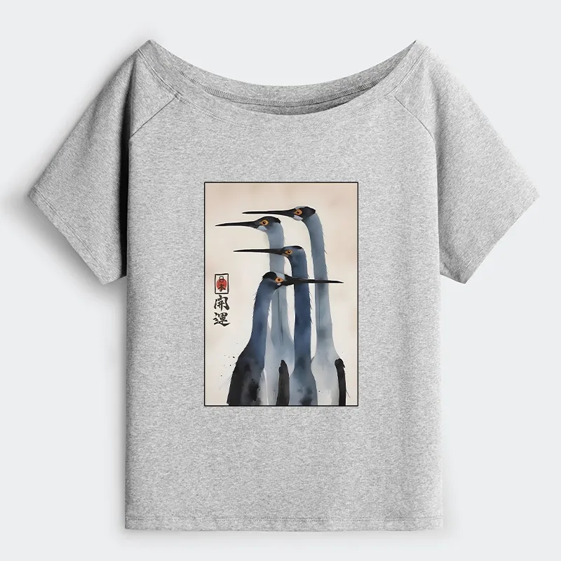 Tokyo-Tiger Retro Sandhill Crane Off Shoulder T-Shirt