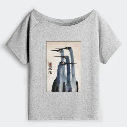Tokyo-Tiger Retro Sandhill Crane Off Shoulder T-Shirt