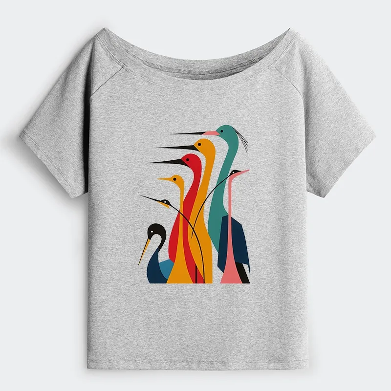 Tokyo-Tiger  Various Types Of Cranes Off Shoulder T-Shirt