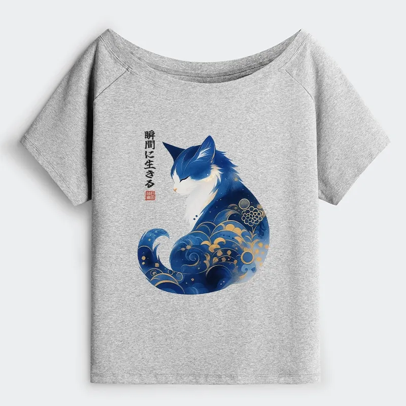 Tokyo-Tiger Retro Zen Cat: Living the Present Off Shoulder T-Shirt