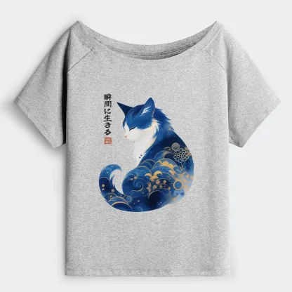 Tokyo-Tiger Retro Zen Cat: Living the Present Off Shoulder T-Shirt