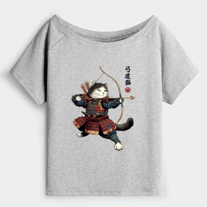 Tokyo-Tiger Kyudo Samurai Cat Off Shoulder T-Shirt