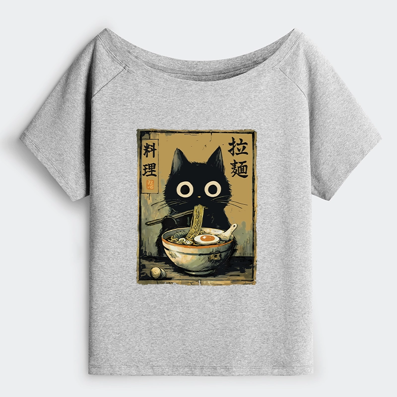 Tokyo-Tiger Cute Black Cat Eating Ramen Japan Off Shoulder T-Shirt