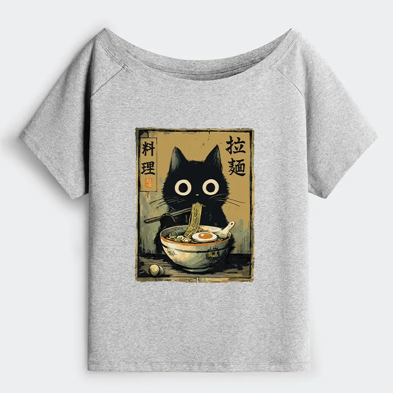 Tokyo-Tiger Cute Black Cat Eating Ramen Japan Off Shoulder T-Shirt